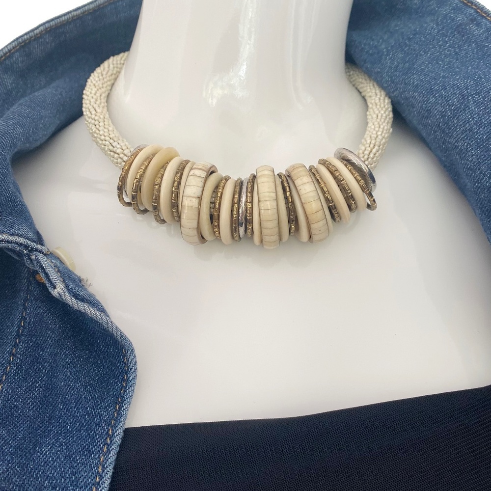 Vintage Ivory Bone fashion choker statement necklace